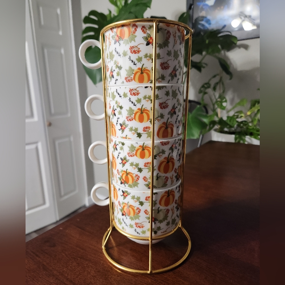 4 Cup Set Pumpkin Stacking 16oz Mugs with Gold Stand